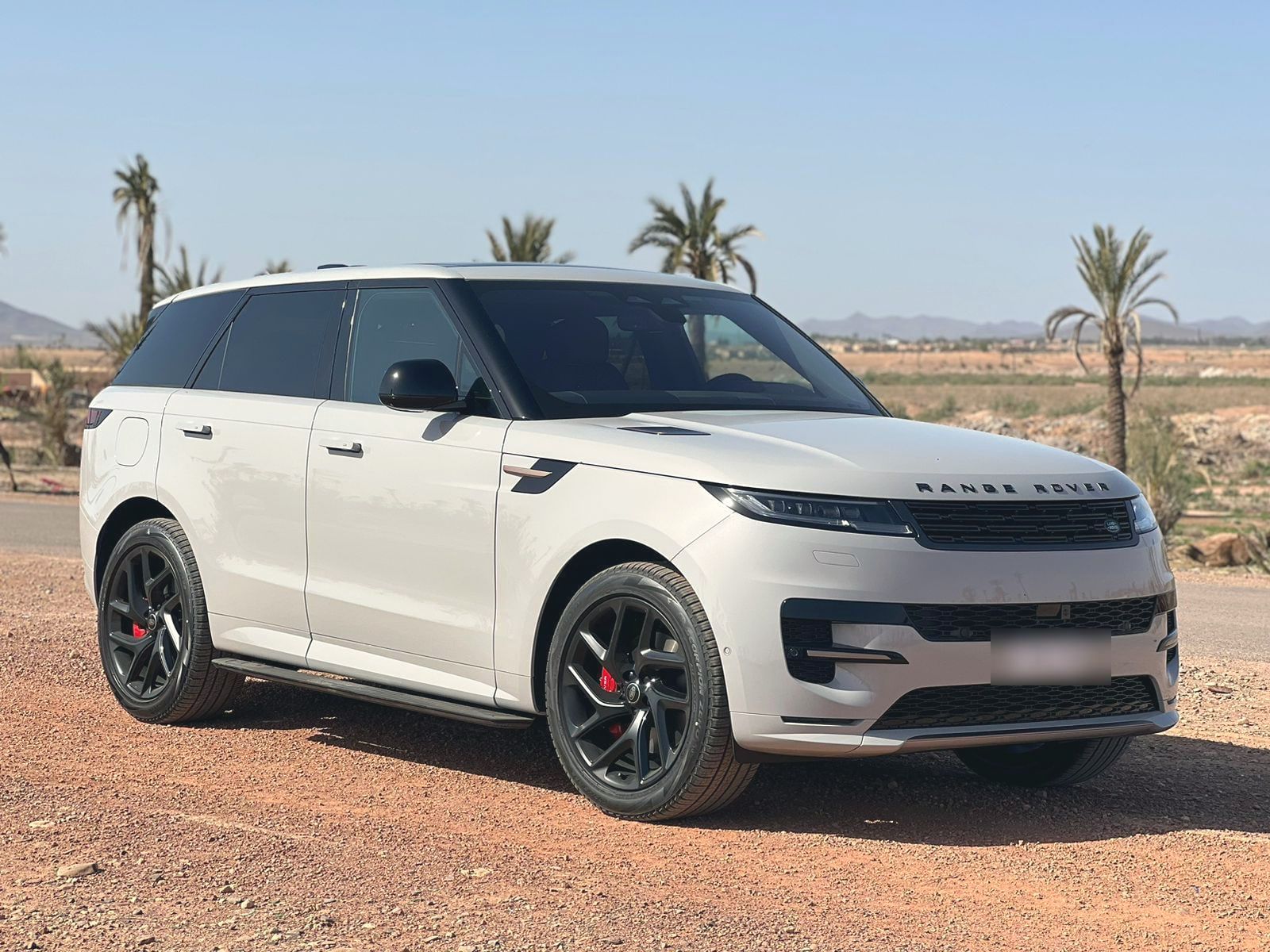 Range Rover Sport blanc, trois-quarts avant, palmeraie