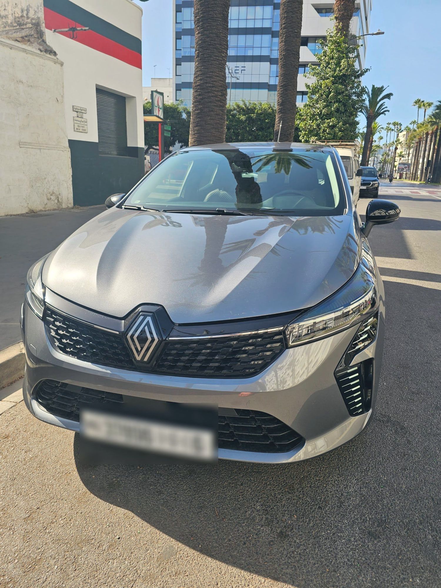Renault Clio grise de face, boulevard bordé de palmiers